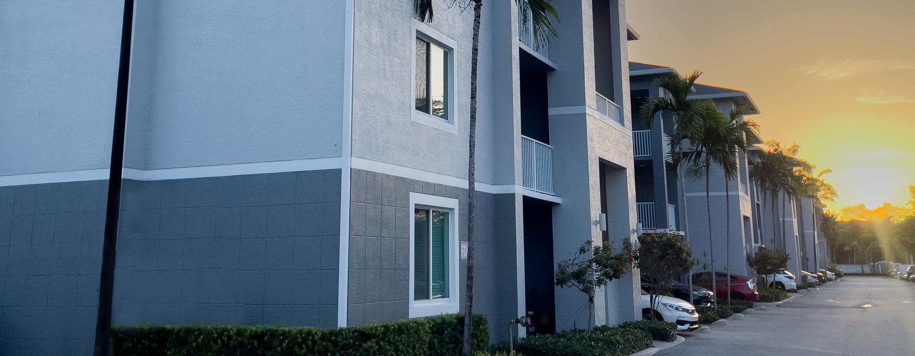 a white building with palm trees