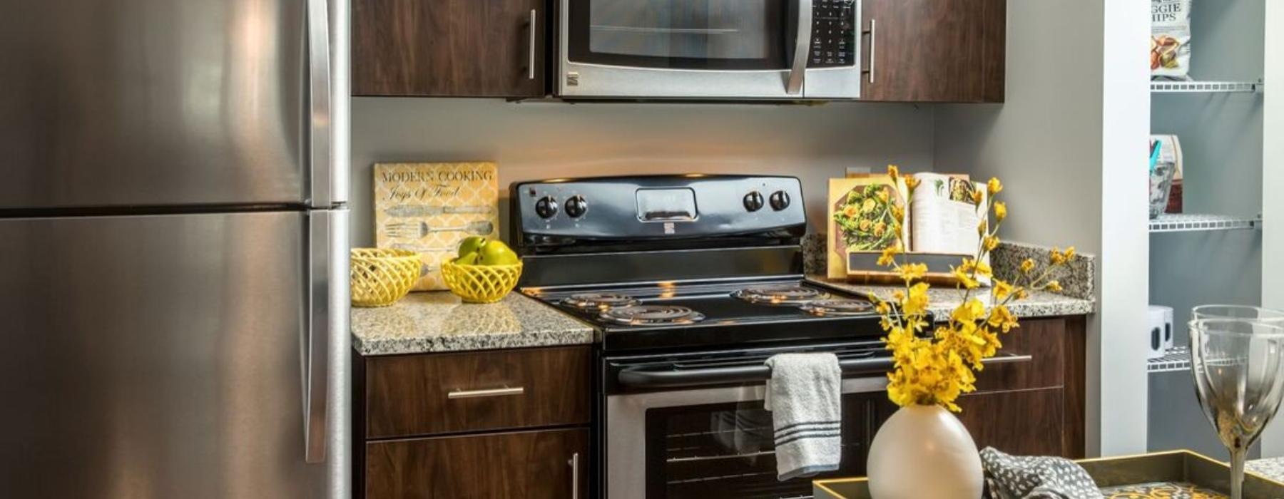 a kitchen with stainless steel appliances